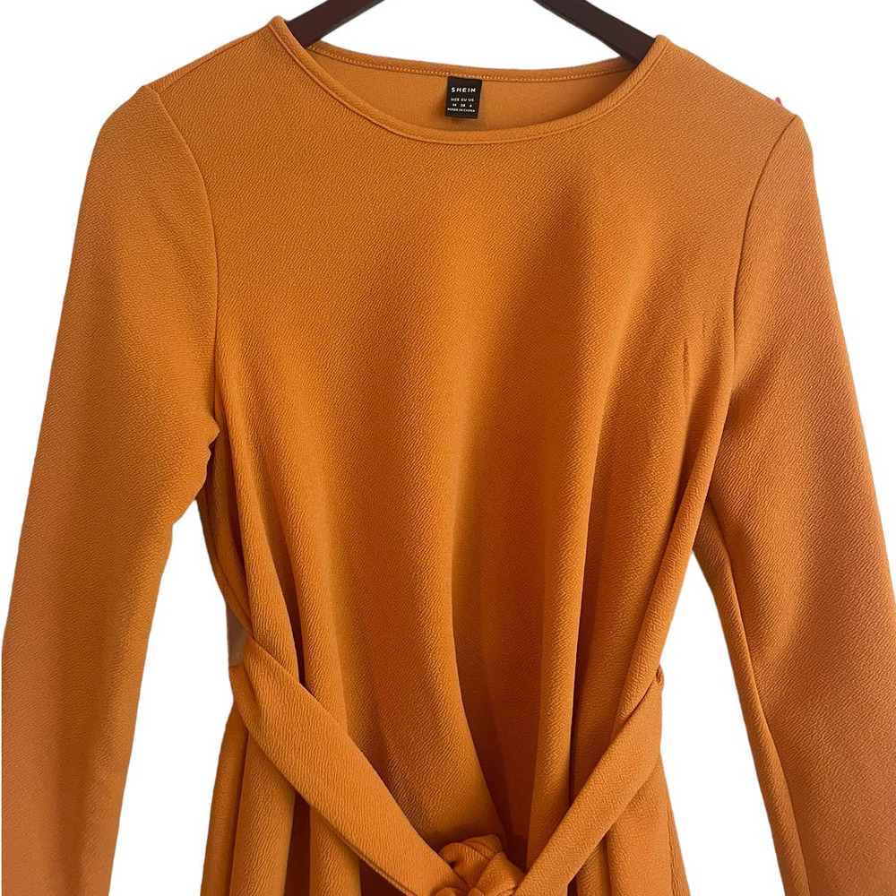 Shein Top Women Size 6 Orange Crew Neck Long Sleeve Tiered Belted Pullover - Picture 11 of 11
